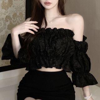 Long-sleeve Off-shoulder Ruched Cropped Top