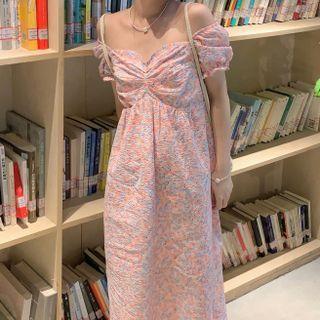 Short-sleeve Floral Print Dress Purple Leaf - Pink - One Size