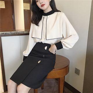 Color-block Long-sleeve Loose-fit Blouse / Slim-fit Skirt
