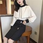 Color-block Long-sleeve Loose-fit Blouse / Slim-fit Skirt