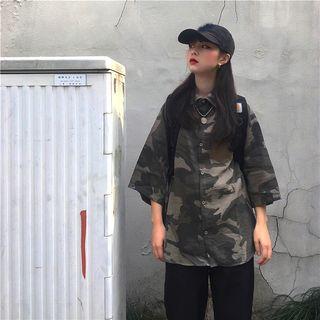 3/4-sleeve Camo Print Cargo Shirt Camouflage - One Size