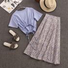 Set: Cut-out Short-sleeve T-shirt + Flower Print Midi A-line Skirt