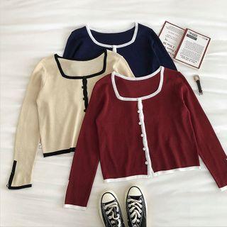 Color-block Trim Single-breasted Long-sleeve Cardigan