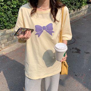 Elbow-sleeve Ribbon Print T-shirt