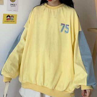 Long-sleeve Color Block Letter Printed Top