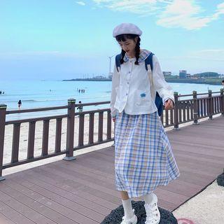 Plaid Collar Blouse / Plaid A-line Midi Skirt