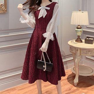 Star Sequin Mesh-sleeve Fringed Midi A-line Dress
