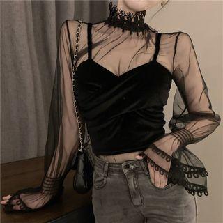 Long-sleeve Lace Trim Mock-neck Mesh Top