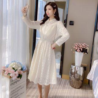 Long-sleeve Lace-panel Collared Dress