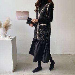 Sleeveless Tweed-panel Long Tiered Dress