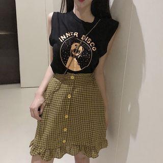 Sleeveless Print T-shirt / Plaid A-line Skirt
