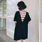 Plain Open-back V-neck Short-sleeve Top