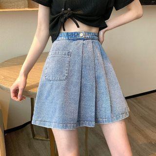 Pleated Mini A-line Denim Skirt