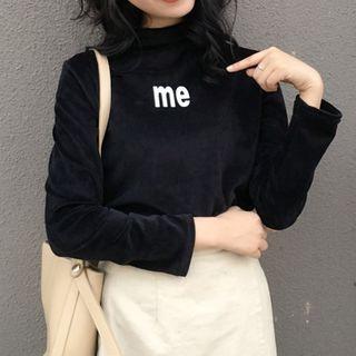 Lettering Mock Neck Velvet Long Sleeve Top