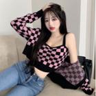 Checkerboard Knit Cropped Camisole Top / Cardigan