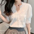Elbow-sleeve V-neck Eyelet Blouse