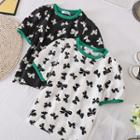 Round-neck Bow Print Color Block Short-sleeve Top
