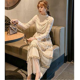 Set: Long-sleeve Mock-neck T-shirt + Velvet Pinafore Dress