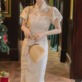 Short-sleeve Mandarin Collar Embroidered Midi Dress