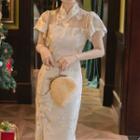 Short-sleeve Mandarin Collar Embroidered Midi Dress