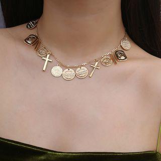 Alloy Disc & Cross Pendant Choker 2125 - Gold - One Size
