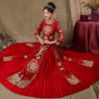 Set: Chinese Character Embroidered Chinese Wedding Cheongsam + Maxi Skirt + Headpiece + Earring