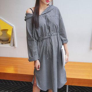 Hooded Drawstring-waist Gingham Dress Black - One Size