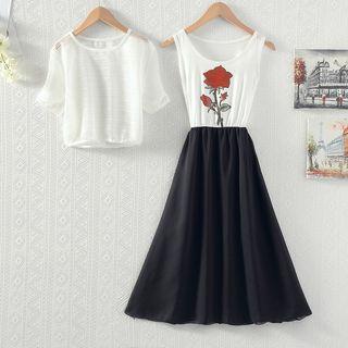 Set: Sleeveless A-line Dress + Cover-up Top