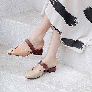 Genuine Leather Panel Block Heel Mules