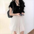 Halter Cropped Camisole Top / Short-sleeve Cardigan / Asymmetric Mini A-line Skirt