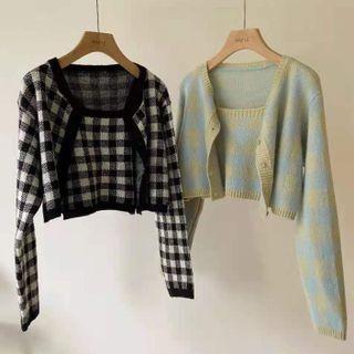 Set: Plaid Cropped Knit Camisole + Cropped Cardigan
