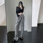 Asymmetrical Cropped T-shirt / Striped Loose Fit Pants