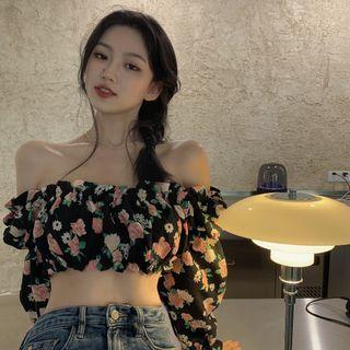 Puff-sleeve Off Shoulder Floral Print Top Pink Floral - Black - One Size