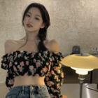 Puff-sleeve Off Shoulder Floral Print Top Pink Floral - Black - One Size