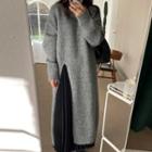 Long-sleeve Slit Knit Midi Dress Gray - One Size