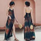 Patterned Halter-neck Slit-front Maxi Sundress As Shown In Figure - One Size