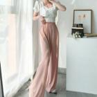 Square-neck Short-sleeve Blouse / Cropped Wide-leg Pants