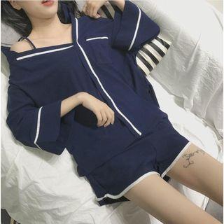 Set: Contrast Trim 3/4-sleeve Shirt + Shorts