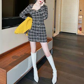 Square-neck Plaid Mini Bodycon Dress