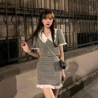 Peter Pan Collar Check Ruffle Cropped Top / High-waist Check Ruffle Mini Skirt