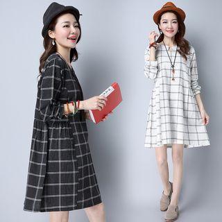 Check Split-neck Long-sleeve Dress
