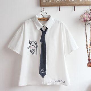 Set: Cat Embroidered Shirt + Tie