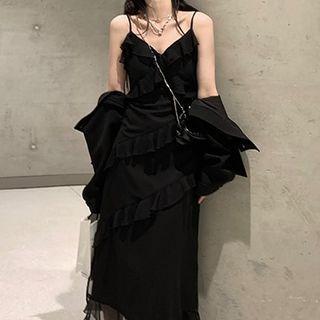 Spaghetti Strap Irregular Frill Trim Midi Dress