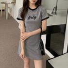 Short-sleeve Contrast Trim Mini A-line Dress Gray - One Size