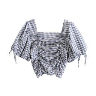 Plaid Ruched Short-sleeve Cropped Blouse
