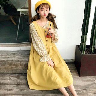 Flared-cuff Plaid Blouse / Midi A-line Pinafore Dress