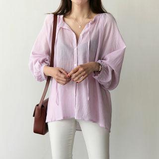 Tie-front Puff-sleeve Blouse
