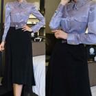 Set: Long-sleeve Lace Collar Shirt + Midi A-line Skirt