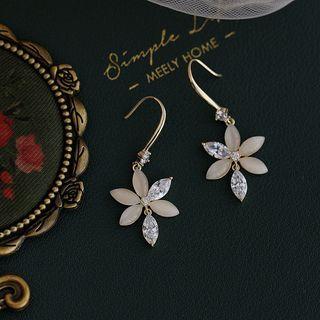 Flower Rhinestone Faux Cat Eye Stone Dangle Earring 1 Pair - Gold & Off-white - One Size