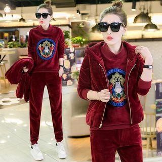 Set: Embroidered Mock Neck Pullover + Sweatpants + Hooded Vest